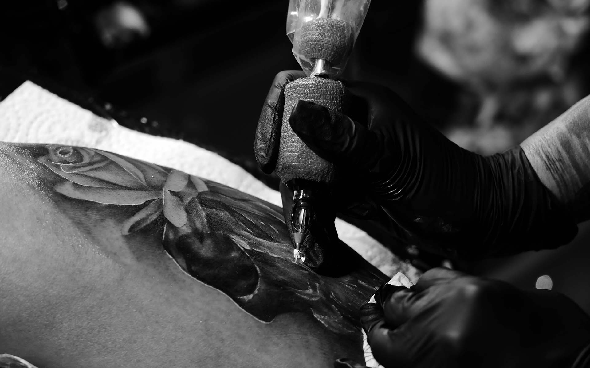 A tattoo artist's gloved hand meticulously applies black ink to a client's skin, creating a detailed rose design.